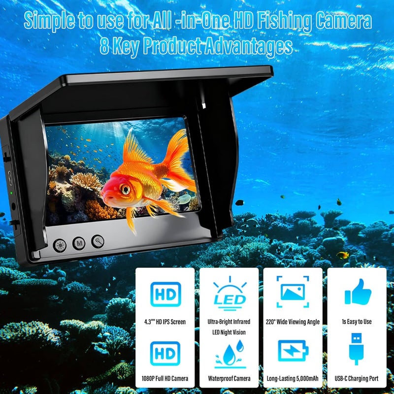 SUNMORN كاميرا صيد تحت الماء، شاشة LCD بحجم 4.3 بوصة وعدسة HD مطورة لصيد الأسماك في البحيرات الجليدية والقوارب والكياك، كاميرا صيد مقاومة للماء مع ضوء رؤية ليلية بالأشعة تحت الحمراء، جهاز كشف الأسماك للمبتدئين بكابل بطول 50 قدم (أسود) - Image 2